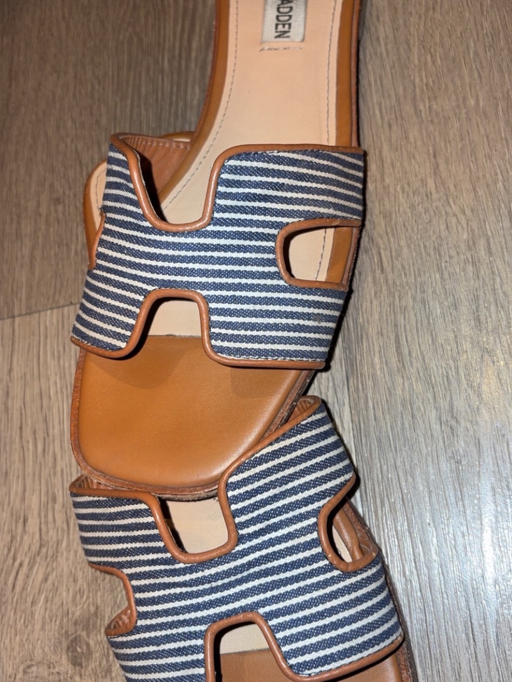 Steve Madden Navy Striped & Tan Slide Sandals